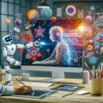 "Yapay zeka araçları kullanarak grafik tasarım yapan bir tasarımcının çalışmasını gösteren görsel; modern grafik tasarım teknikleri ve teknolojik yeniliklerin birleşimi."