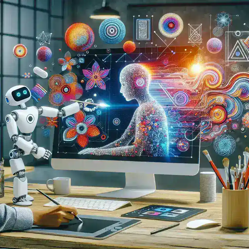 "Yapay zeka araçları kullanarak grafik tasarım yapan bir tasarımcının çalışmasını gösteren görsel; modern grafik tasarım teknikleri ve teknolojik yeniliklerin birleşimi."