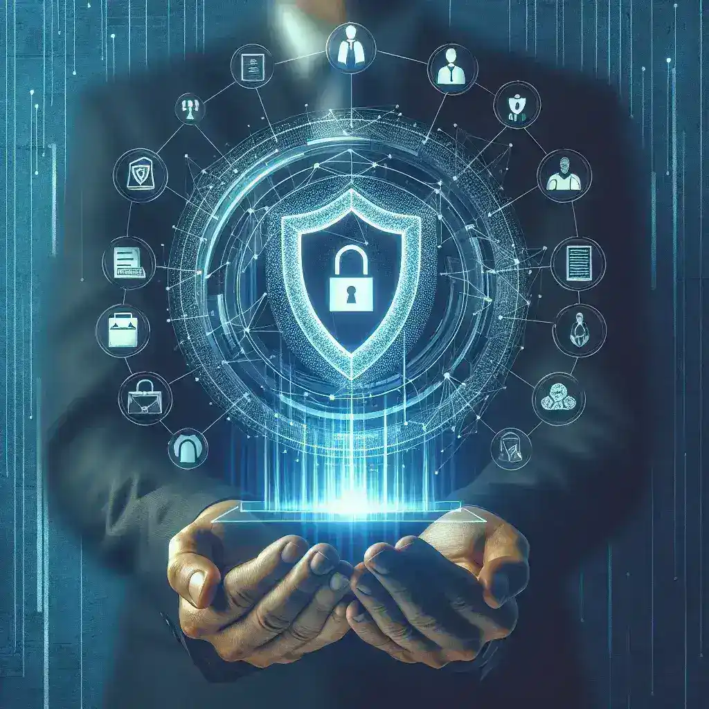 "Kurumsal erişim yönetimi ve kimlik doğrulama platformları, modern işletmelerin güvenliğini artıran etkili çözümler. Güvenlik kalkanı konseptiyle, çalışanların ve sistemlerin korunmasına yönelik grafiksel temsili."